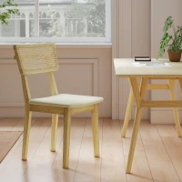 HOMCOM Eetkamerstoel met rotan rugleuning, kunstleren zitting en rubberhout, naturel(m-8)