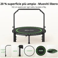 Rebounder-Trampolino per adulti, pieghevole, maniglione regolabile, pedane antiscivolo, 102x102x106 cm, Nero+Verde(m-3)