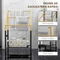 HOMCOM Portasciugamani a Terra con 3 Barre e Ripiano Inferiore, in Bambù e Acciaio, 51x31x85.5 cm, Nero e color Legno(m-6)