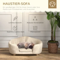PawHut hondenbank hondenmat hondenmand hondenbank hondenbank kattenbank met kussen achterzak pluche schuim grenen hout beige + lichtgrijs 70 x 47 x 30 cm(m-4)