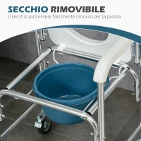 HOMCOM Sedia Comoda con Ruote per Anziani 3 in 1, Sedia per WC in Alluminio con Secchio Rimovibile, Bianco(m-3)