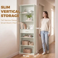 HOMCOM Bookcase Narrow Tall Space-Saving Bookshelf Drawer Open Shelves 60 x 24 x 182 cm Light Green(m-5)