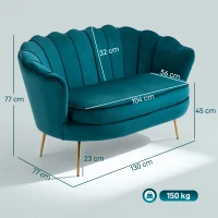 HOMCOM Canapé 2 places en tissu velours, petit canapé, en forme de coquillage, avec coussin épais de 10 cm, canapé, structure en métal, pieds dorés effilés, facile à assembler, bleu canard(m-3)