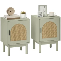 HOMCOM Set of 2 Rattan Bedside Tables, Boho Nightstands with Solid Wood Legs and Storage Cabinet for Living Room, Bedroom, Accent End Side Table, Light Green(m-1)