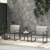 Outsunny Salon de jardin 3 pièces 2 chaises avec coussins + table basse plateau verre trempé résine tressée gris clair(m-7)
