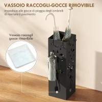 HOMCOM Portaombrelli Quadrato Stilizzato in Metallo con Vassoio Antigoccia Rimovibile e 4 Ganci, 15.5x15.5x49 cm, Nero(m-4)