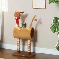 PawHut Krabpaal 98 cm Kattentoren in Hertontwerp met Speelhol, Speelbal, Jutepalen, Bruin(m-2)