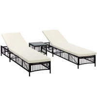 Outsunny Conjunto de 2 Tumbonas de Ratán con Mesa de Centro Respaldo Ajustable en 5 Niveles y Cojines 196x54x32 cm Negro(m-11)