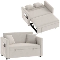 HOMCOM 3-in-1 2‑Sitzer Schlafsofa, Clic‑Clac Schlafsofa aus hollandischem Samt, verstellbare Rückenlehne, 2 Kissen, Beige(m-8)
