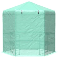 Outsunny Hexagon Walk In Greenhouse with Shelves, Outdoor Green House Grow House with Waterproof PE Cover and Roll-up Door, 228 x 196 x 215 cm, Green(m-10)