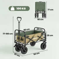 Outsunny Cărucior de grădină 110L cu mâner telescopic și bază rabatabilă din oțel și material textil Oxford, culoare kaki(m-3)