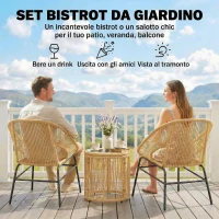 Outsunny Set da Bistrò da 3 Pezzi in Rattan e Acciaio con 2 Sedie, Tavolo Rotondo con Piano in Vetro Temperato, Beige(m-4)