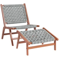 Outsunny Fauteuil de jardin avec repose-pieds - chaise relax en bois d'acacia et corde résine tressée - naturel, gris(m-12)