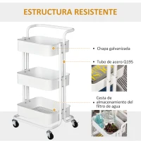 HOMCOM Carrito Auxiliar de 3 Niveles con Ruedas y 3 Baldas Malla Metálica para Cocina Oficina Baño Carro Multiuso de Almacenamiento con Pasamanos Carga de 45kg Blanco 43x36x83cm(m-5)