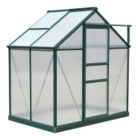 Outsunny 6 x 4ft Polycarbonate Greenhouse, Large Walk in Green House with Slide Door and Window, Garden Plants Grow House with Aluminium Frame and Foundation, Dark Green(m-10)