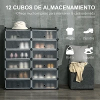 HOMCOM Armario Modular para Zapatos de Plástico con 12 Cubos Puertas y Conectores Diseño DIY para Entrada o Dormitorio Negro(m-4)