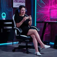 HOMCOM Gaming-Stoel met Voetensteun, Computerstoel met Hoofdkussen & Kussen, Kunstleer Bekleding, Draaibaar, Hoogte Verstelbaar, Metaal, Kunststof, Zwart+Wit(m-9)