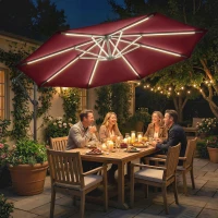 Outsunny 3 m Garden Cantilever Parasol with LED Solar Light, Round Overhanging Umbrella with 360° Rotation, Cover, Wine Red(m-10)