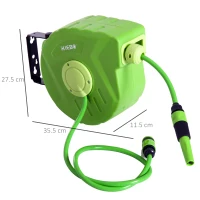 Outsunny Tambur retractabil pentru furtun de grădină, montare pe perete, blocabil și rotativ 180°, din plastic, 35,5x11,5x27,5 cm, verde(m-3)