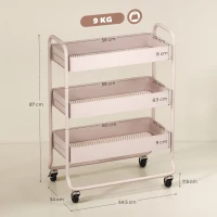 HOMCOM 3-Tier Storage Trolley on Wheels, Rolling Utility Cart with Mesh Backets for Kitchen, Bathroom, Bedroom, Light Pink(m-3)