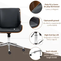 Vinsetto Scaun de Birou Vintage Tapițat, din Piele Ecologică, Lemn și Oțel, 53x60x86-96 cm, Negru și Maro Închis(m-8)