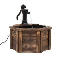 Outsunny Wooden Electric Water Fountain Garden Ornament w/ Hand Pump Plastic Well Classic Water Pump Feature Decoration Suitable For Garden Patio Oasis(m-1)