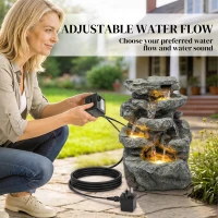 Outsunny Outdoor Fountain with 6-Tier Rock Design, Waterfall Feature with LED Lights, Resin Freestanding Garden Fountain, Grey(m-6)