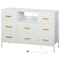 HOMCOM Boucle Chest of Drawers, 8 Fabric Drawers Storage Organiser with Charging Station, 2 USB and 2 AC Ports, Steel Frame, Fabric Dresser for Living Room, Bedroom, Hallway, Cream White(m-11)