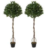 Outsunny Realistic Lush Topiary Ball Tree, Artificial Bay Laurel Topiary Trees with Weighted Pot, Set of 2, Green(m-13)