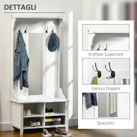 HOMCOM Appendiabiti Attaccapanni da Terra con Specchio Scarpiera 4 Ganci Legno 80x40x170cm Bianco(m-6)