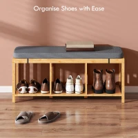 HOMCOM Bamboo Shoe Bench, Entryway Storage Bench with Padded Cushion and Open Shelf, Natural Wood Finish(m-5)