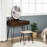 HOMCOM Coiffeuse Table de maquillage moderne - Miroir LED réglable intégré - Tabouret Inclus - pied en métal Noir - 2 tiroirs + 1 Organisateur Imitation Bois Noyer foncé(m-9)