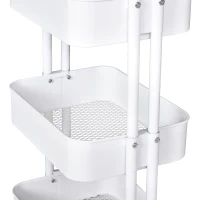 HOMCOM Carrito Auxiliar de 3 Niveles con Ruedas y 3 Baldas Malla Metálica para Cocina Oficina Baño Carro Multiuso de Almacenamiento con Pasamanos Carga de 45kg Blanco 43x36x83cm(m-8)