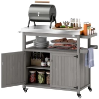 Outsunny Buitenkeukeneiland, Grillwagen met Kast en Rekken, Houten en Roestvrij Stalen Keukenwagen met Wielen, Grijs(m-11)