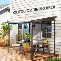 Outsunny 2.4 x 2.4 m Wall Mounted Pergola Gazebo with PA Coating Fabric and Metal Frame, UPF30+, Lean to Garden Gazebo, Wind Resistant Outdoor Sun Shade Shelter for Garden, Deck, Cream White(m-9)