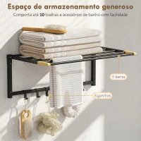 HOMCOM Toalheiro de Parede Dobrável com 5 Barras e 6 Ganchos Suporte para Toalhas para Casa de Banho Dobrável e Compacto 60x32,5x20 cm Preto(m-4)