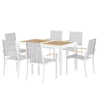 Outsunny Conjunto de Mesa y Sillas Jardín con Mesa de Plástico PSPC y 6 Sillas Apilables Transpirables para Terraza Patio Blanco(m-11)