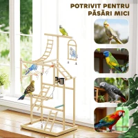 PawHut Suport pentru Papagali, Parc de Joacă pentru Păsări cu Scări, Lanțuri, Boluri, Tavă Detașabilă și Stinghii, pentru Perusi, Nimfe și Conuri, Lemn Natural(m-7)