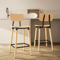 HOMCOM Set van 2 Barstoelen met Rugleuning, Voor Huisbar, Keukeneiland, Eetkamer, Hout, Metaal, Lichtbruin(m-2)