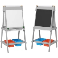 AIYAPLAY Pizarra Infantil con Caballete Pizarra de Doble Cara con Rollo de Papel Borrador Cajas de Almacenamiento Gris(m-1)