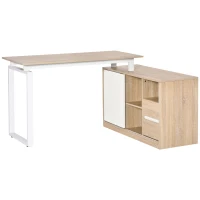 HOMCOM L-Shaped Home Office Computer Desk with Storage Shelf, Drawer, Corner PC Table Writing Workstation, Oak Beige White(m-1)