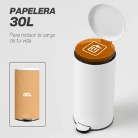HOMCOM Papelera de Cocina 30L con Pedal Tapa de Cierre Suave y Cubo Extraíble para Dormitorio Oficina Estudio Salón Crema(m-4)
