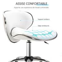 HOMCOM Tabouret à roulettes tabouret de travail avec hauteur réglable 44-56 cm et dossier, pivotant 360°, blanc(m-6)