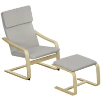HOMCOM Loungestoel met Voetenbank, Bekleding in Linnenlook, Houten Frame, tot 120 kg, Lichtgrijs/Natuur(m-10)
