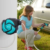 DURHAND Avvolgitubo Automatico a Parete con Tubo da 10 m, in Plastica e PP, 28x14x34 cm, Nero e Azzurro(m-10)