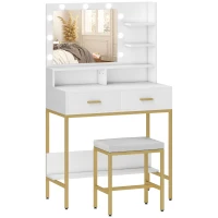 HOMCOM Toucador de Maquilhagem com Luz e Banco Mesa de Maquilhagem com 2 Gavetas e Prateleiras Estilo Moderno para Quarto Branco(m-1)