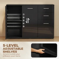 HOMCOM Sideboard, Modern Storage Cabinet with 2 Drawers, 3 Doors and Adjustable Shelves, High Gloss Black(m-5)