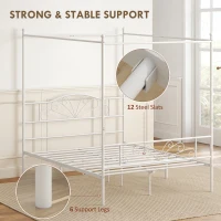 HOMCOM Canopy Bed Frame King Size, Metal Platform Bed Frame with Headboard and Footboard, Underbed Storage, White(m-6)