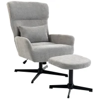 HOMCOM Fauteuil lounge pivotant 360° avec repose-pieds, réglable en hauteur, revêtement en chenille, avec coussin lombaire, blanc crème(m-7)