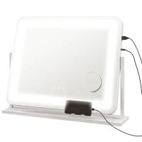 HOMCOM Espejo de Tocador Giratorio 58x46 cm con 3 Modos de Iluminación Ajustables Interruptor Táctil Espejo de Aumento Blanco(m-2)